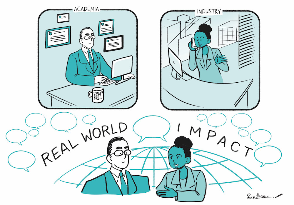 Scriberia illustration showing the collaboration between academia and industry. On the left hand side is an academic middle-aged man in a suit sitting at a desk with certificates on the wall and a 'world's best prof' mug. On the right hand side is a young professional woman, standing up on the phone with a fancy computer in front of her and sleek looking buildings behind her. Beneath those two panels are the academic man and the industry woman having a conversation- behind them are speech bubbles, a globe and the text 'real-world impact'