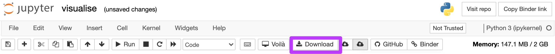 Screenshot of a Jupyter Notebook interface running on mybinder.org. The “Download” button near the top right is highlighted in purple. This button allows users to save their notebook file locally. The notebook is titled “visualise,” and the interface shows standard Jupyter toolbar options, including file operations, kernel selection, and resource usage (147.1 MB / 2 GB).