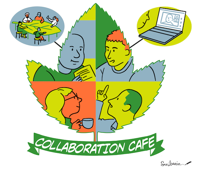 Cartoon-like sketch in a green, teal, and orange colour scheme, with three main elements. First, in the centre of the image is a large maple leaf, where it's interior has been sectioned into four panels. Each panel has an individual contributing to a collaboration cafe. All individuals are facing each other, by looking diagonally towards the center of where all four panels join. The individuals are (in the top left) holding a physical copy of a document, (in the bottom left) holding a mug, (in the bottom right) holding their hand up and raising their index finger, gesturing to bring something up. The maple leaf also has a green banner below reading "Collaboration Cafe". Secondly, there is an oval element, connected, via a continuous line, to the top right portion of the maple leaf. In this oval element, 5 individuals are sitting on a leaf-shaped table, in discussion. Lastly, there is a second oval element, connected via a continuous line, to the top left portion of the maple leaf. This oval has someone overlooking their laptop, which has a video call on the screen, with one person in the video call being enlarged and two others also being part of the call
