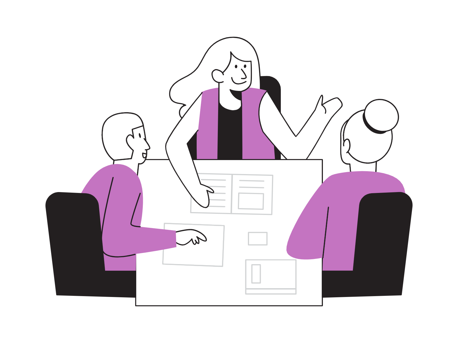 An illustration of a group of people who are working together and discussing something