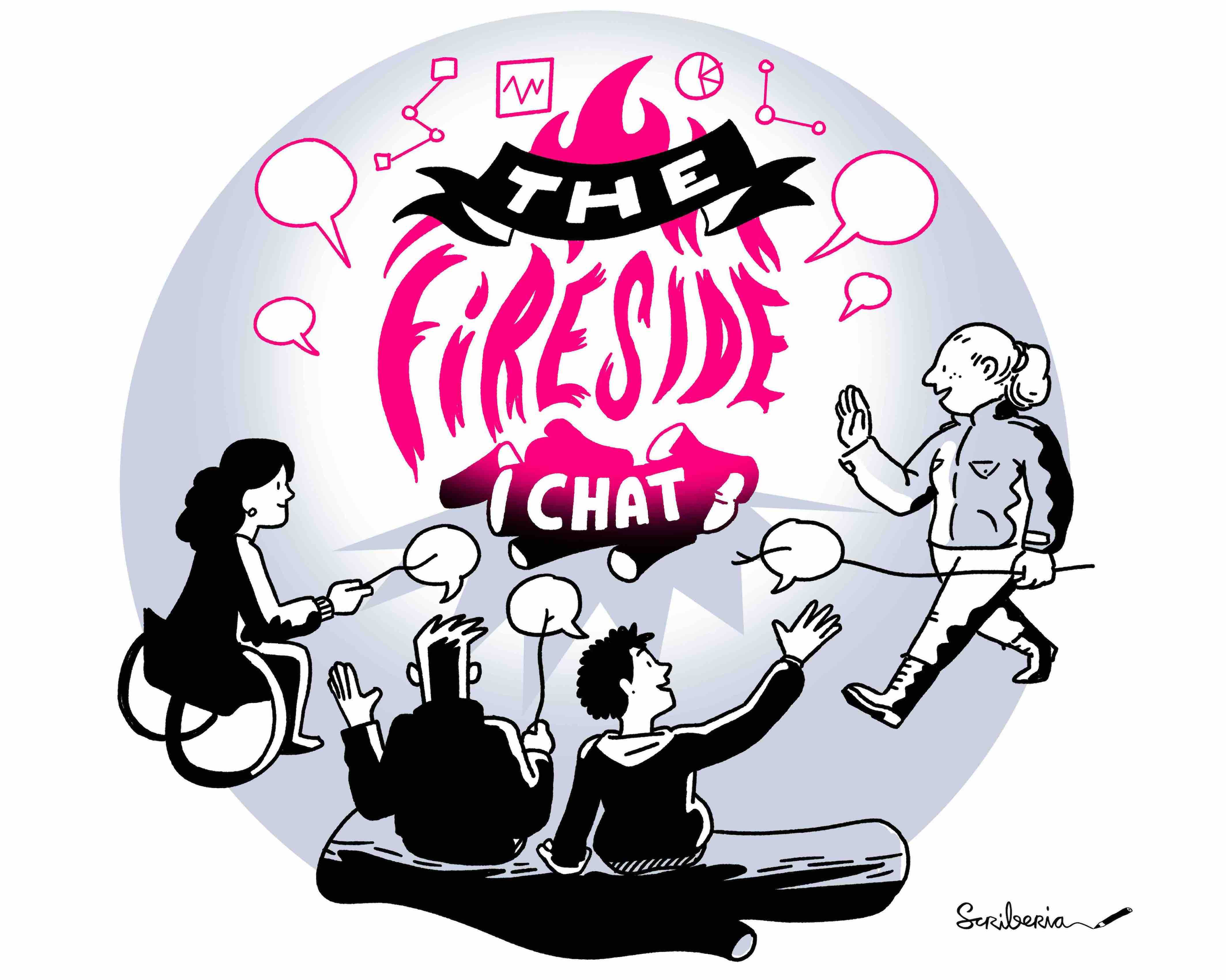 Illustration by Scriberia for The Turing Way, showing a group of contributors having a chat ssitting around a log fire. The logs, which are fueling the fire, are in the cenre of the illustration. Emanating upwards from the logs is the fire and surrounding the flames of the fire are speech bubbles, network graphs, line charts and pie charts. At the top of the flame is a banner reading "THE", then the flames spell out "FIRESIDE" and finally on the logs is the word "CHAT". Moreover, there are 4 contributors sitting around the fire on the bottom of the illustration; they each have speech bubbles attached to the end of a stick, which they are roasting in the fire. The contributor sitting on the left-hand side is sitting in a wheelchair, there are 2 in the middle sitting on a log and a final one on the right-hand side is standing up and walking towards the rest of the group.