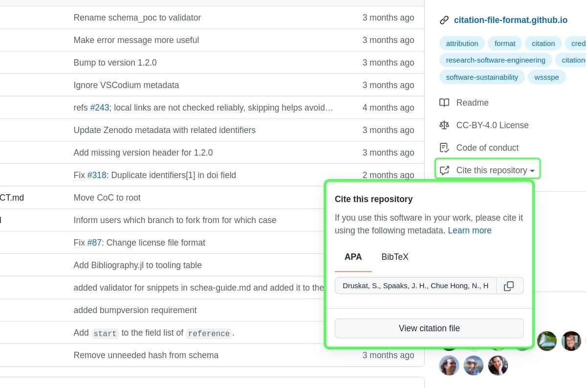 Screenshot of a GitHub repository showing the automatic citation box generated from a `CITATION.cff` file. On the right, a dropdown labeled "Cite this repository" is expanded, displaying citation formats in APA and BibTeX. The APA citation is visible with author names listed, and a button below labeled "View citation file". This box appears in the repository sidebar beneath metadata such as license type and tags. The screenshot demonstrates how GitHub displays citation information when a `CITATION.cff` file is included.
