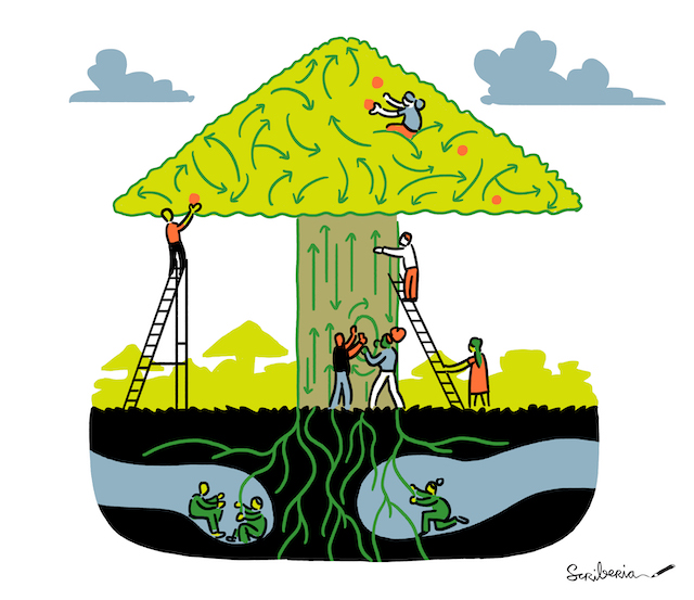 Scriberia illustration showing the role of maintainers in open source projects. A tree represents the project, and the people taking care of the three are the maintainers.