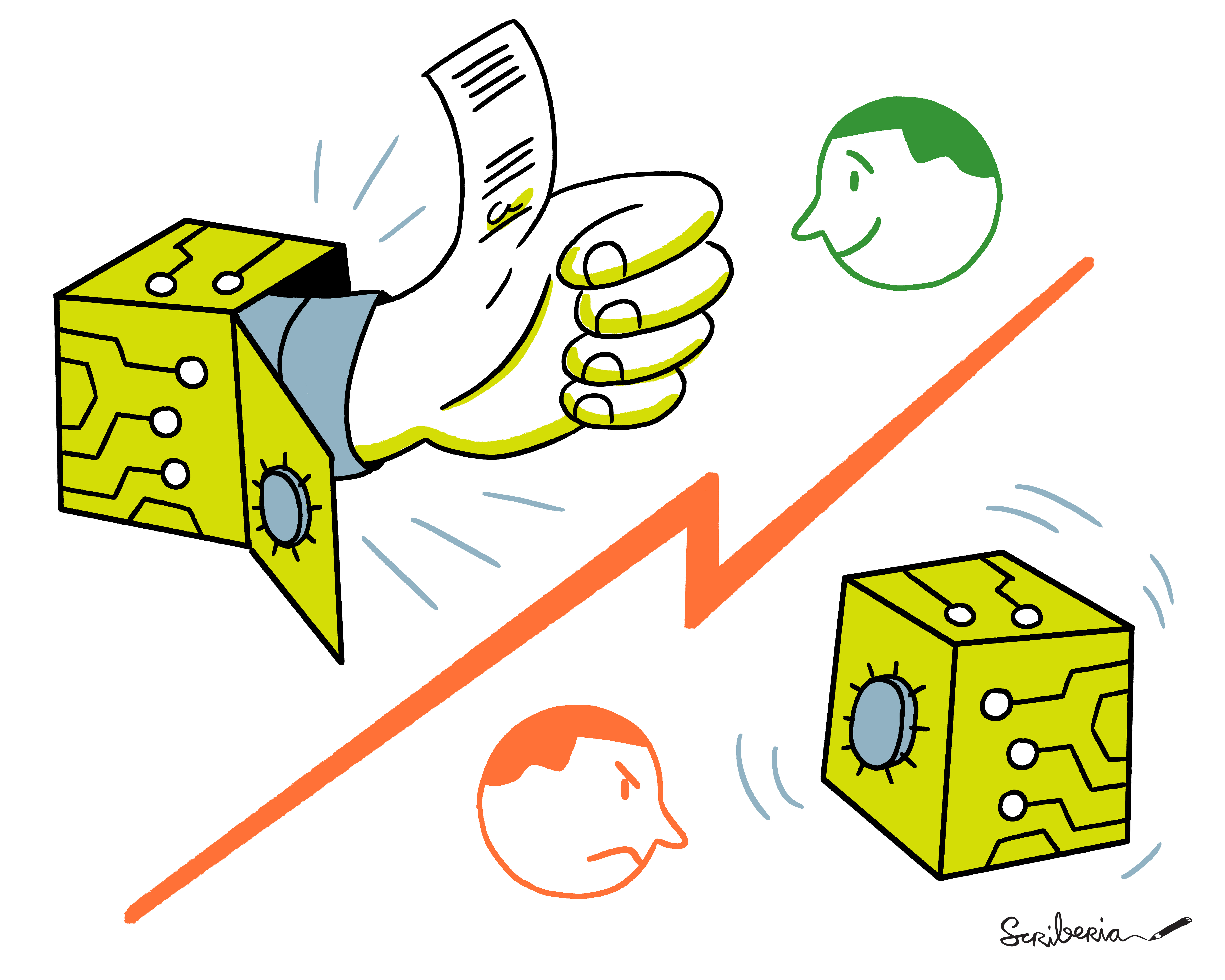 A hand reaches out of an open safe and makes a thumbs-up gesture. The Safe is high-tech-looking with circuit tracery on its surface. The thumb of the hand looks like a signed document. There is a happy face in green looking at the thumbs up from the open safe. In contrast, on the other side of the image, there is a locked version of a similar safe. There is a red and grumpy face looking at the locked safe, which is being shaken in frustration.