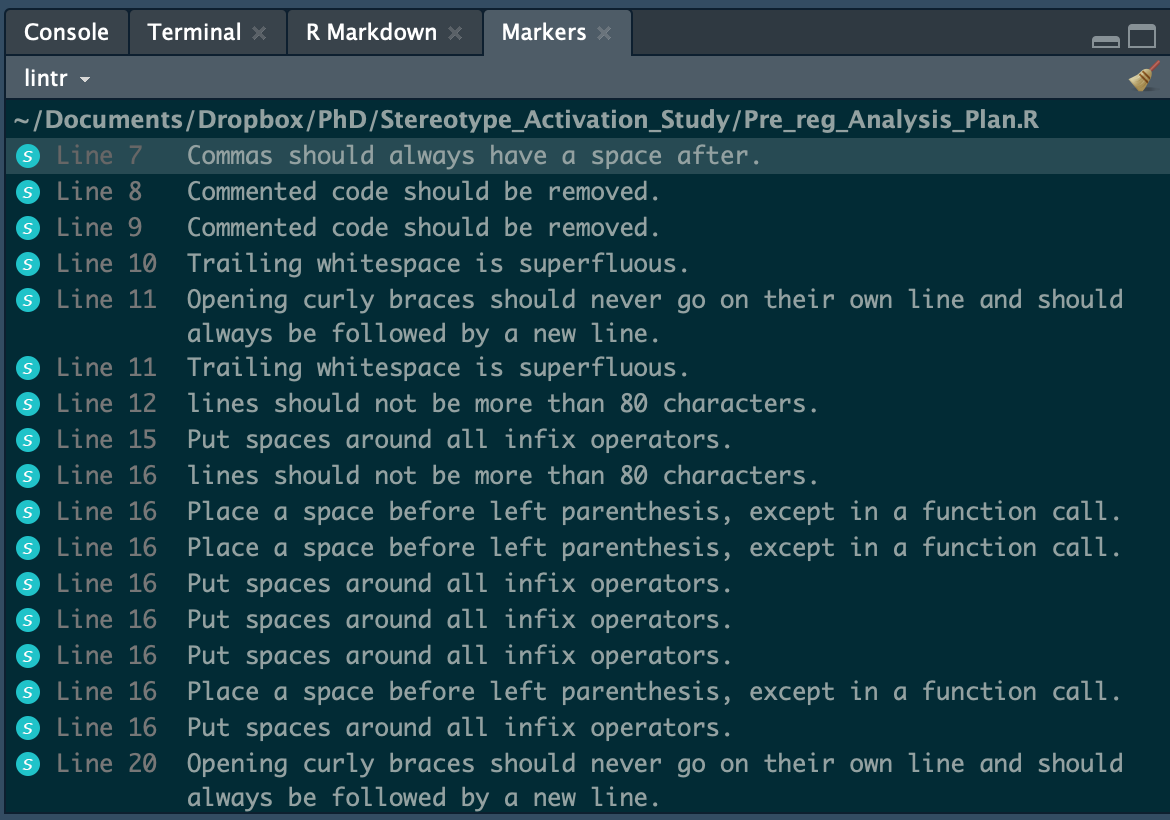 lintr output showing recommendations to add space, remove commented code, remove training whitespace, have character size per line less than 80 where needed in the input code.