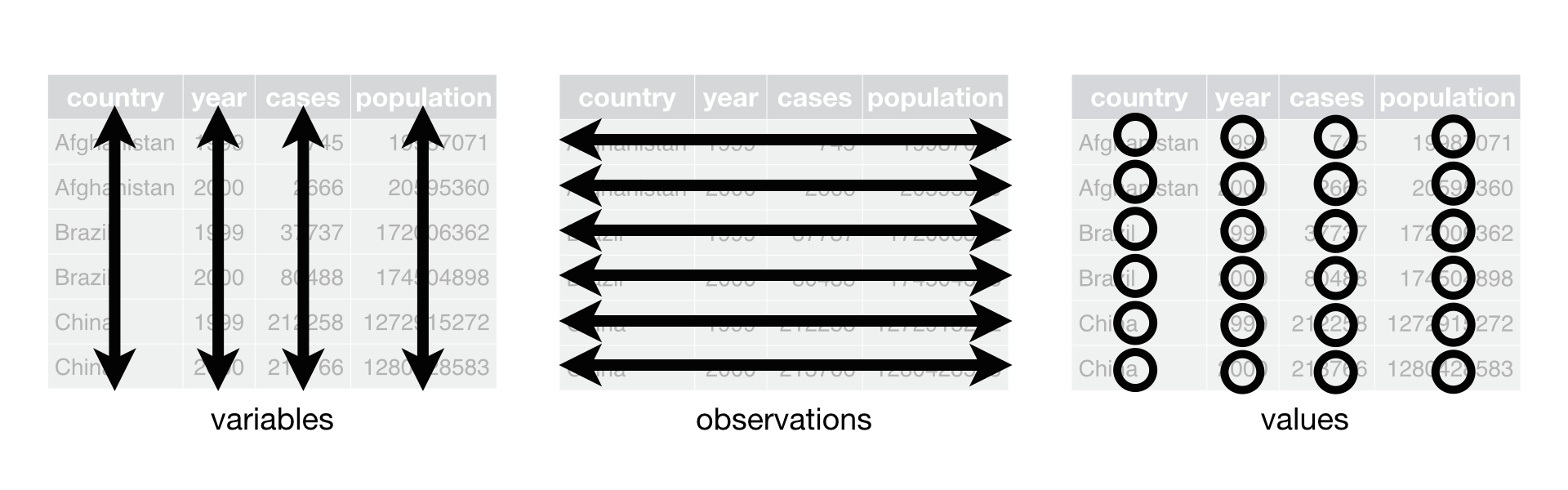 Three images depicting visual representations of the descriptions mentioned previously. In the first image on the left, variables are demonstrated with double headed arrows going up and down the columns. In the middle image, double headed arrows go along rows, demonstrating observations. In the right hand image, black circles over each cell demonstrate values.