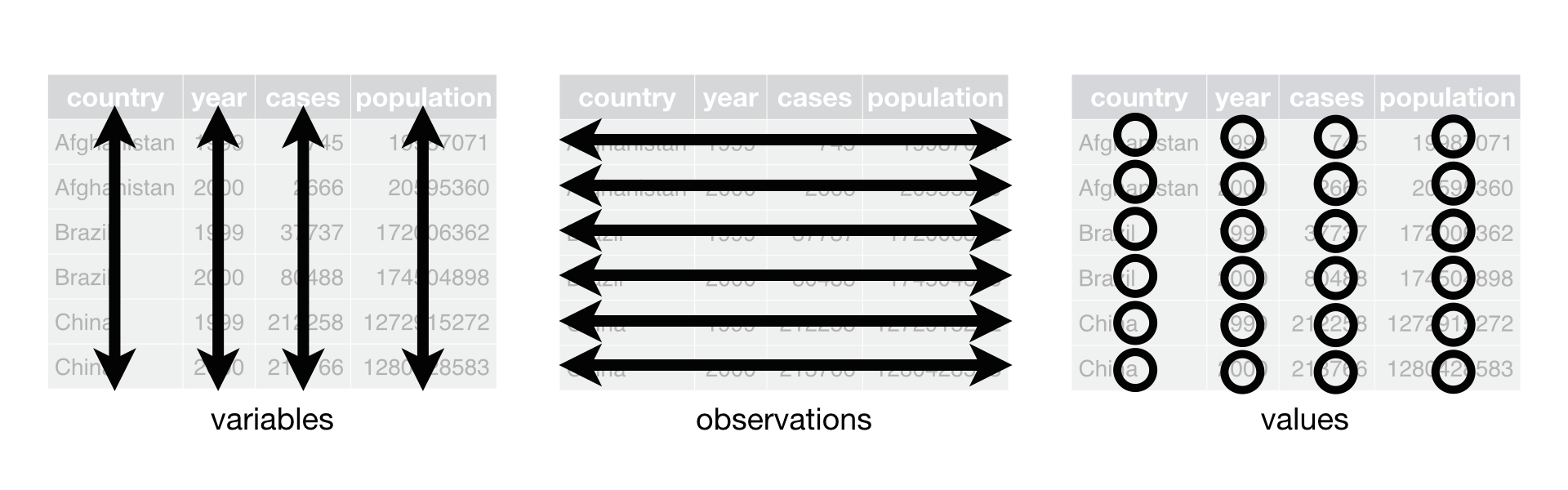 Three images depicting visual representations of the descriptions mentioned previously. In the first image on the left, variables are demonstrated with double headed arrows going up and down the columns. In the middle image, double headed arrows go along rows, demonstrating observations. In the right hand image, black circles over each cell demonstrate values.
