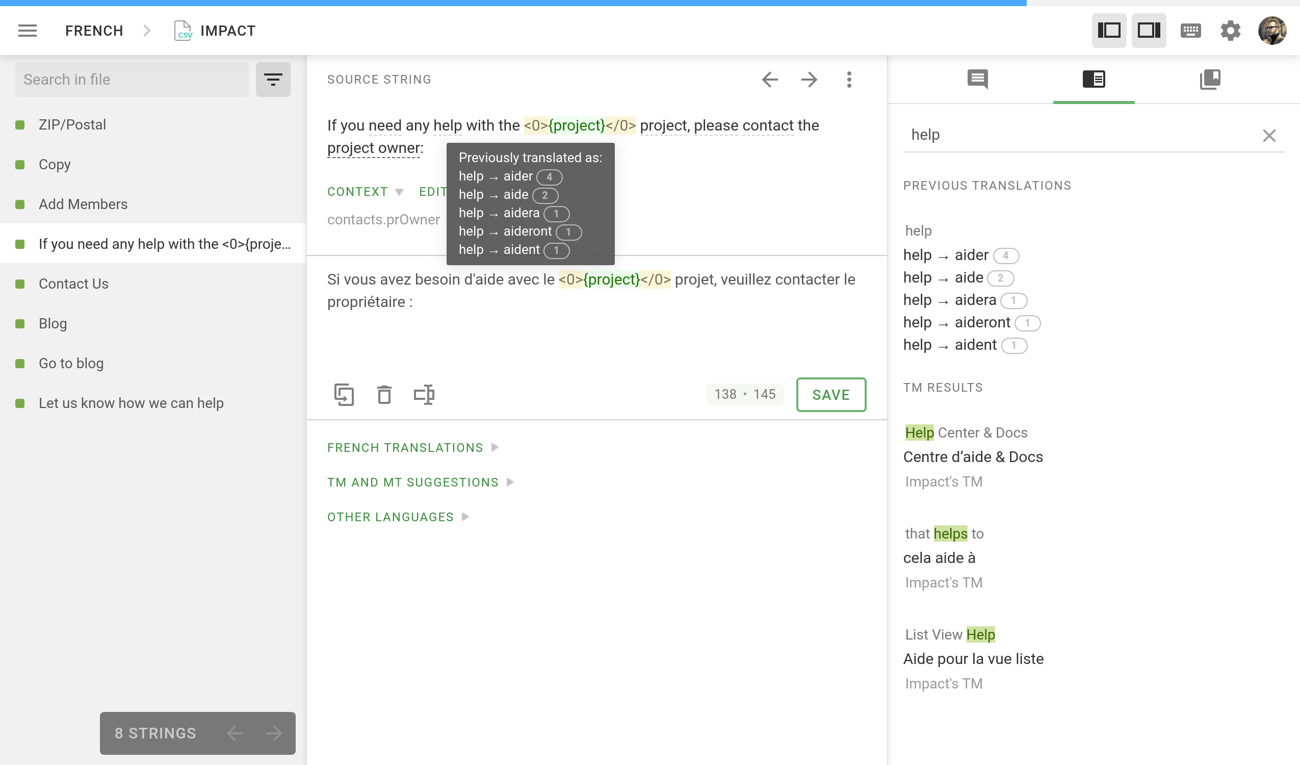 Checking consistency in Crowdin by hovering over the source words underlined and a list of previous translations formed by the translation consistency feature will show.